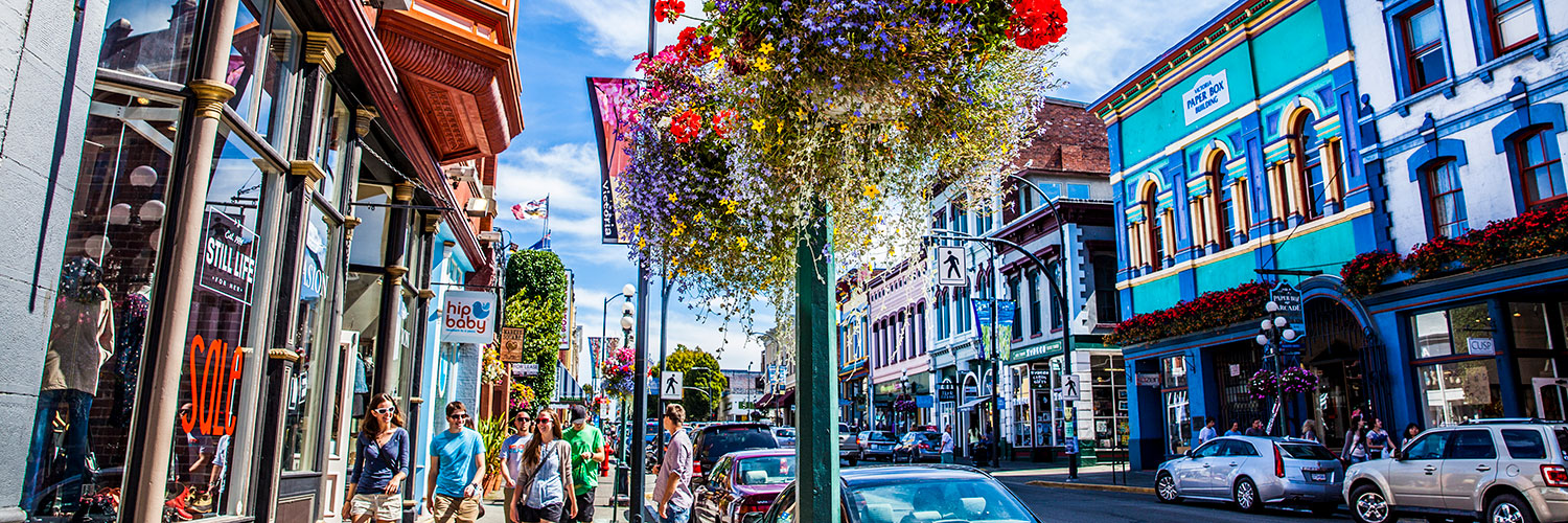 shopping on Lower Johnson Street in downtown Victoria, BC